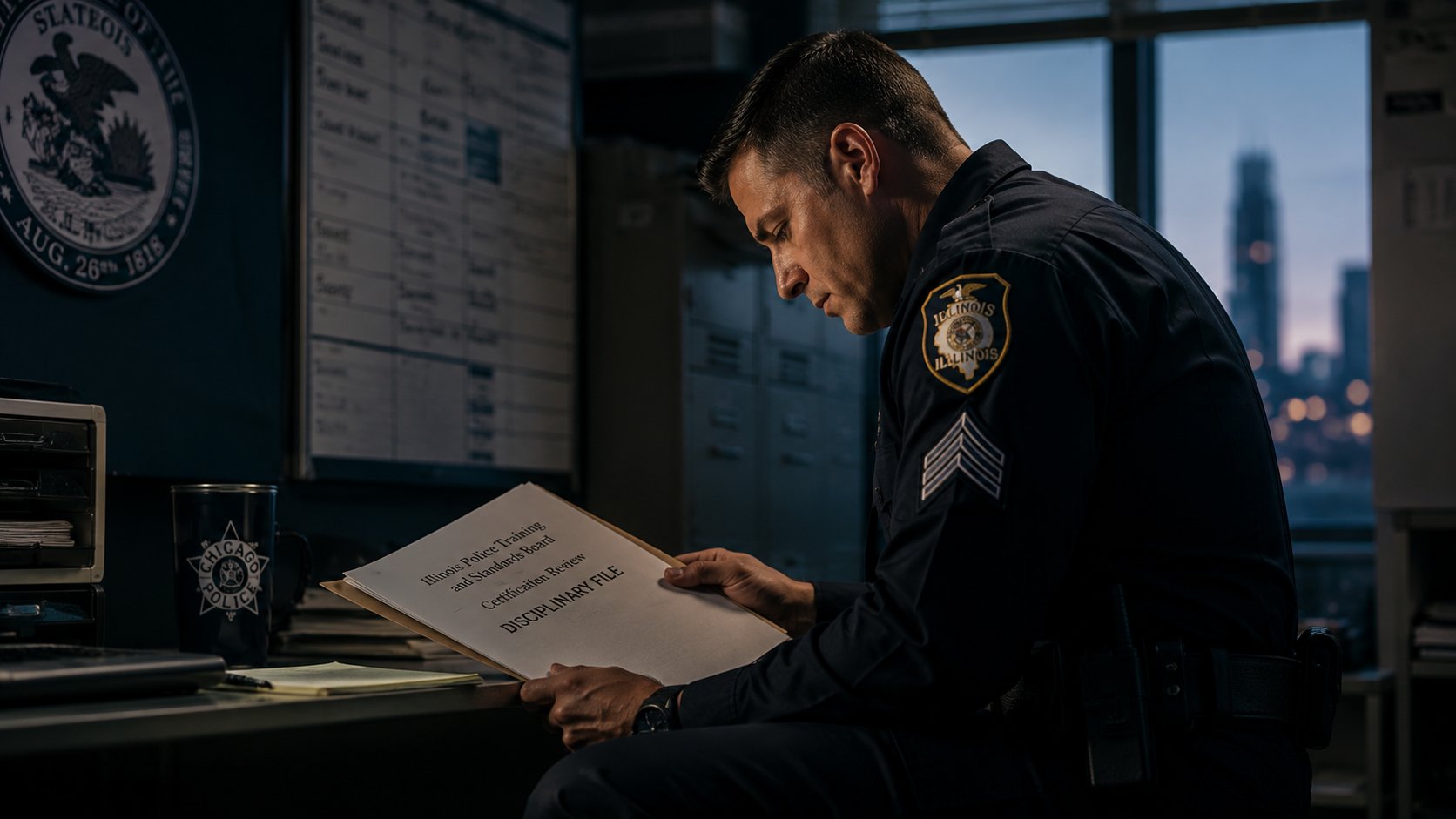 An Illinois police sergeant reviews an Illinois Law Enforcement Training and Standards Board certification and disciplinary file, representing ILETSB decertification matters handled by GB Law
