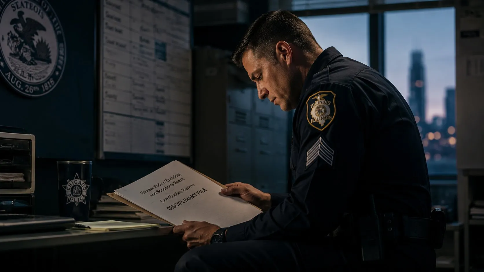 An Illinois police sergeant reviews an Illinois Law Enforcement Training and Standards Board certification and disciplinary file, representing ILETSB decertification matters handled by GB Law