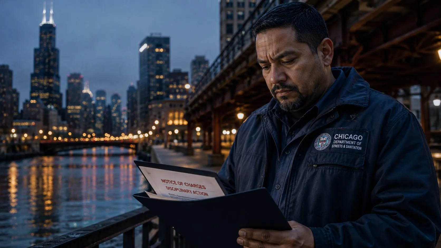 A City of Chicago public employee reviews a notice of disciplinary charges along the Chicago River at dusk, representing public employee discipline cases handled by GB Law